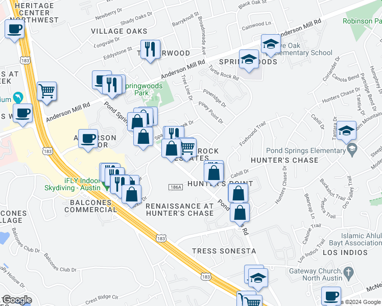 map of restaurants, bars, coffee shops, grocery stores, and more near 8710 Schick Road in Austin