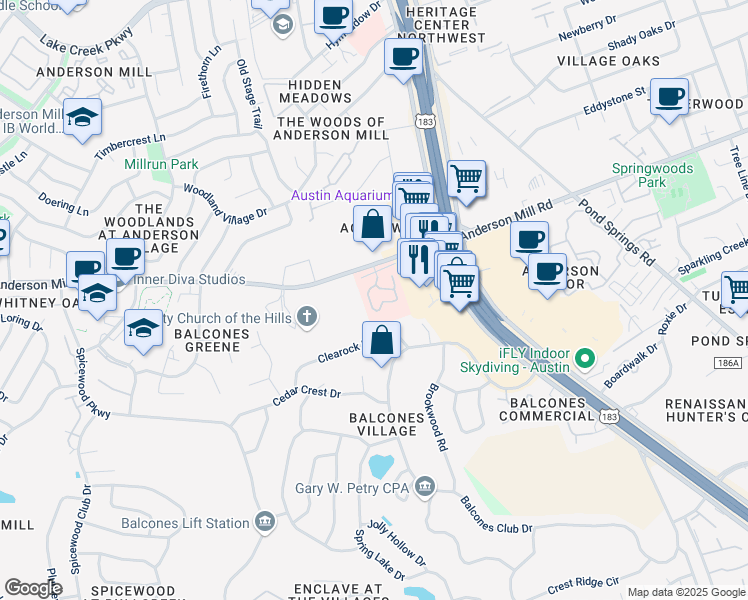 map of restaurants, bars, coffee shops, grocery stores, and more near 9717 Anderson Mill Road in Austin