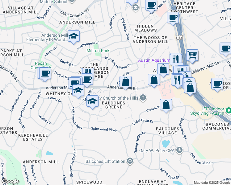 map of restaurants, bars, coffee shops, grocery stores, and more near 11900 Swallow Drive in Austin