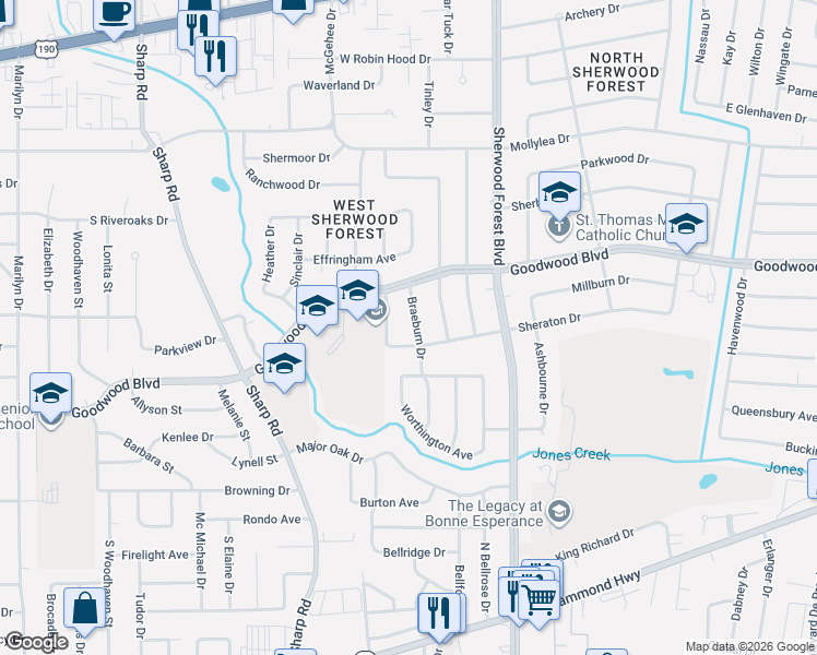 map of restaurants, bars, coffee shops, grocery stores, and more near 1160 Braeburn Drive in Baton Rouge