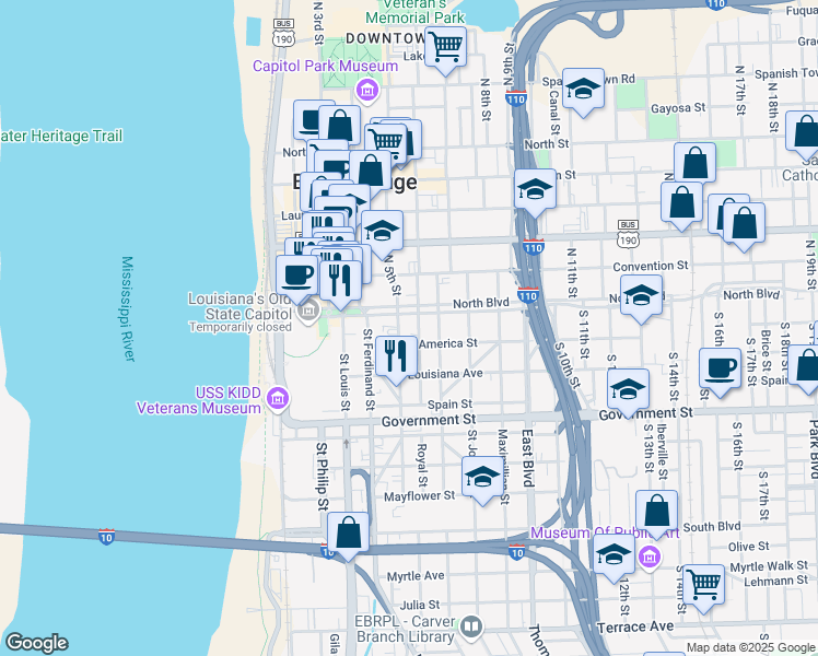 map of restaurants, bars, coffee shops, grocery stores, and more near 502 South Boulevard in Baton Rouge