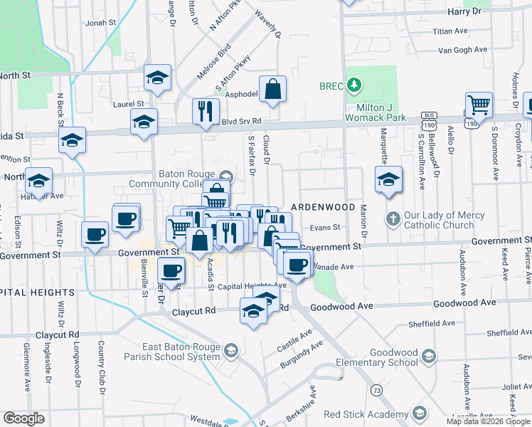 map of restaurants, bars, coffee shops, grocery stores, and more near 369 South Fairfax Drive in Baton Rouge