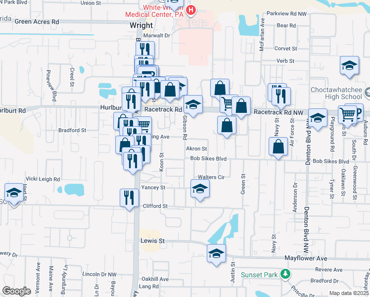 map of restaurants, bars, coffee shops, grocery stores, and more near Gibson Road in Fort Walton Beach