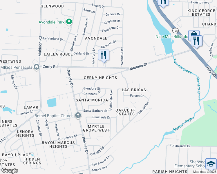 map of restaurants, bars, coffee shops, grocery stores, and more near 7016 Glendora Street in Pensacola