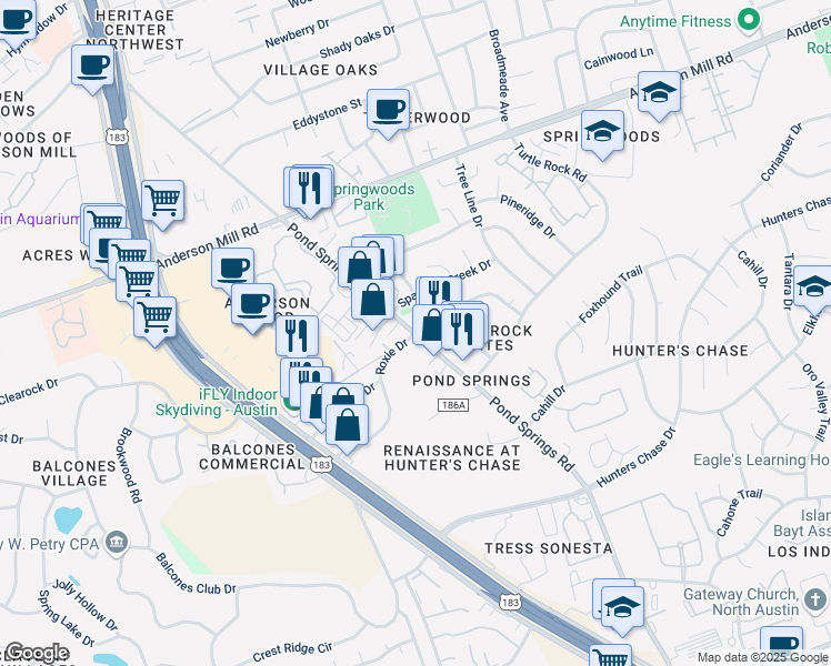 map of restaurants, bars, coffee shops, grocery stores, and more near Pond Springs Rd & Schick Rd in Austin