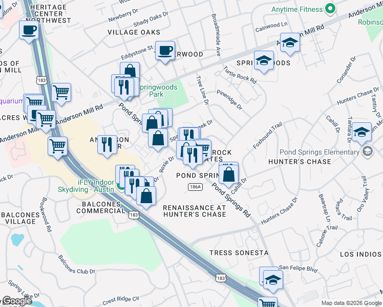 map of restaurants, bars, coffee shops, grocery stores, and more near 13233 Pond Springs Road in Austin