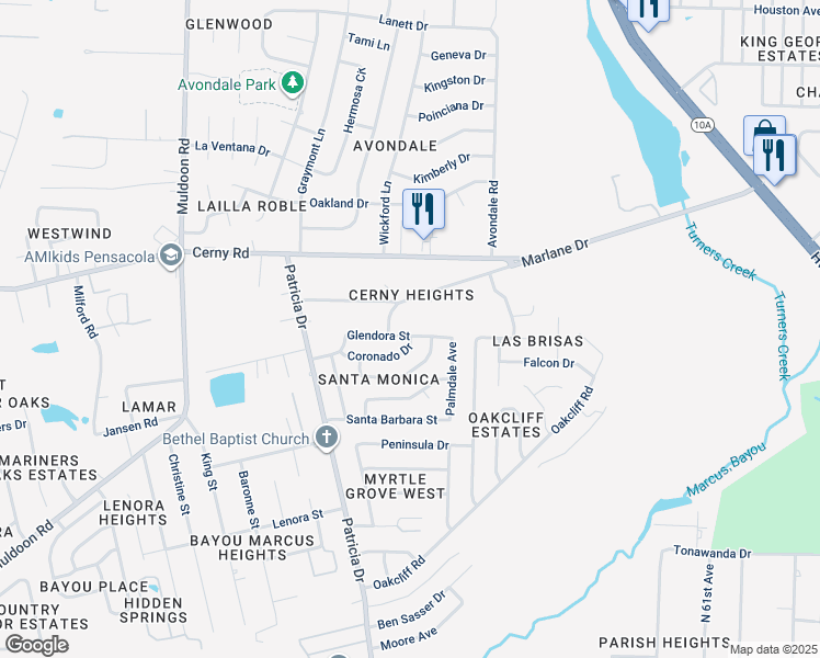 map of restaurants, bars, coffee shops, grocery stores, and more near 7064 Glendora Street in Pensacola