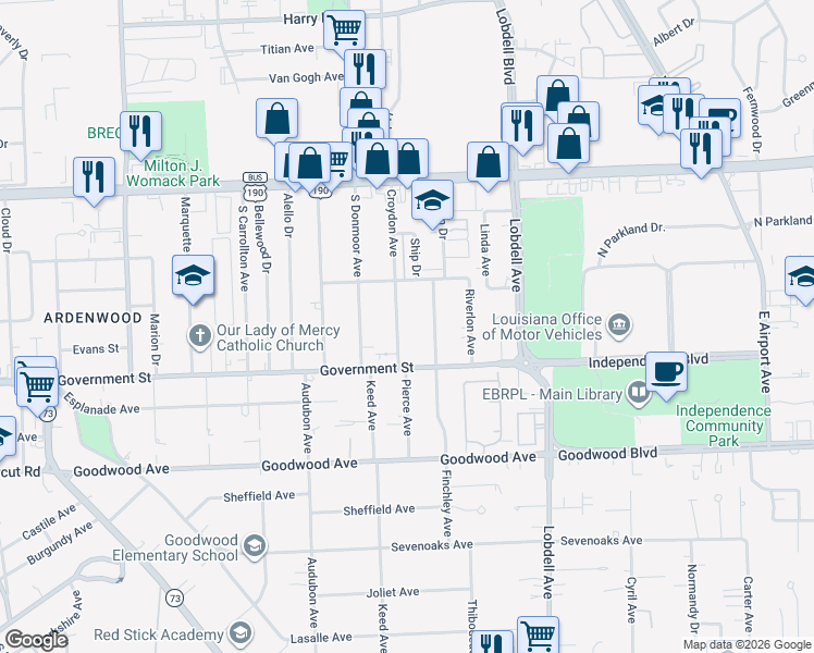 map of restaurants, bars, coffee shops, grocery stores, and more near 373 Croydon Avenue in Baton Rouge