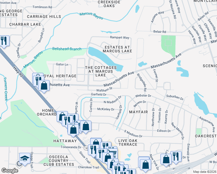 map of restaurants, bars, coffee shops, grocery stores, and more near 2226 Waltham Street in Pensacola