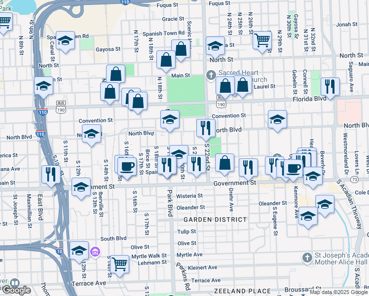 map of restaurants, bars, coffee shops, grocery stores, and more near 1929 America Street in Baton Rouge