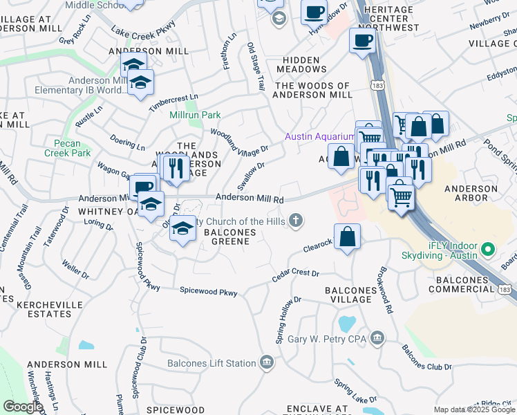 map of restaurants, bars, coffee shops, grocery stores, and more near 9951 Anderson Mill Road in Austin