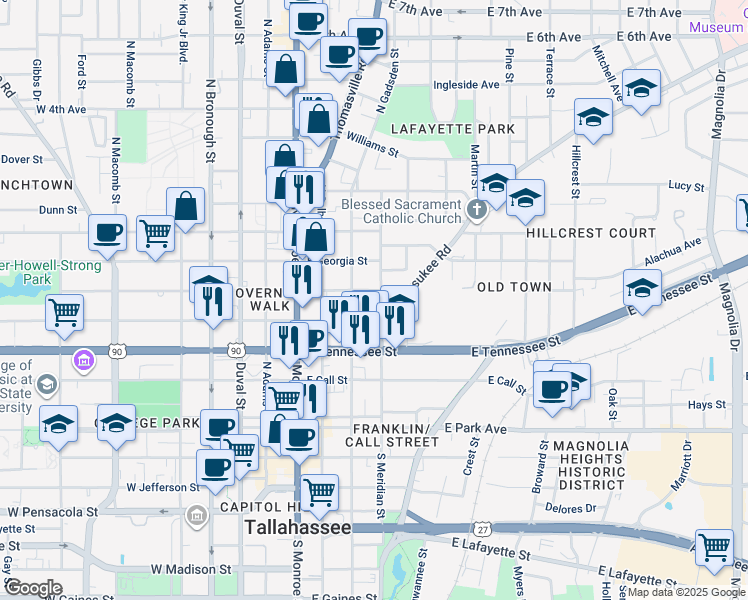 map of restaurants, bars, coffee shops, grocery stores, and more near 418 North Meridian Street in Tallahassee