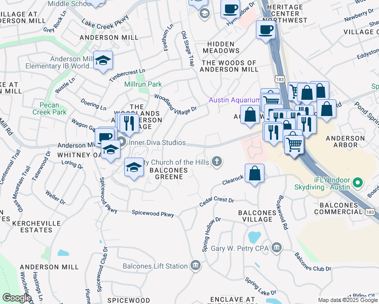 map of restaurants, bars, coffee shops, grocery stores, and more near 9951 Anderson Mill Road in Austin