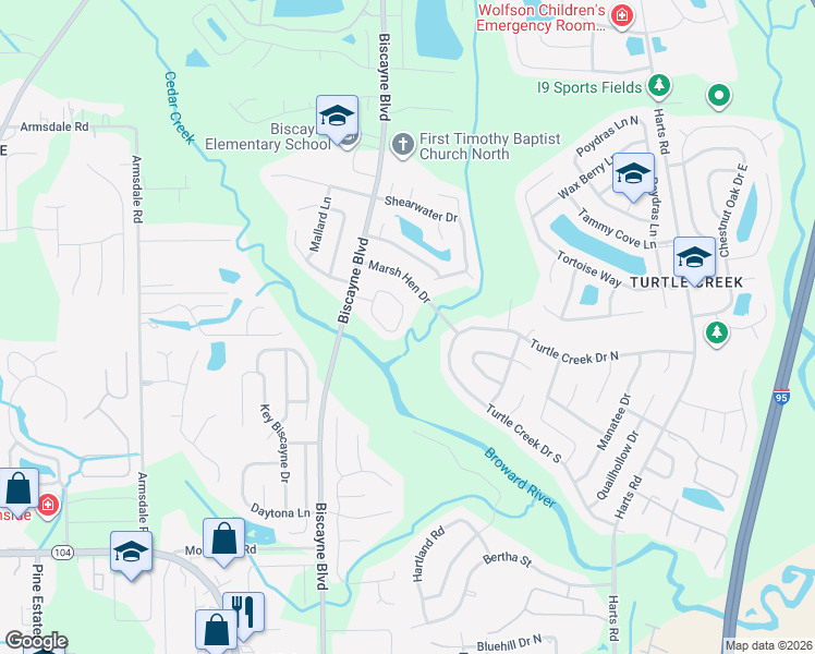 map of restaurants, bars, coffee shops, grocery stores, and more near 1305 Eagle Cove Road in Jacksonville