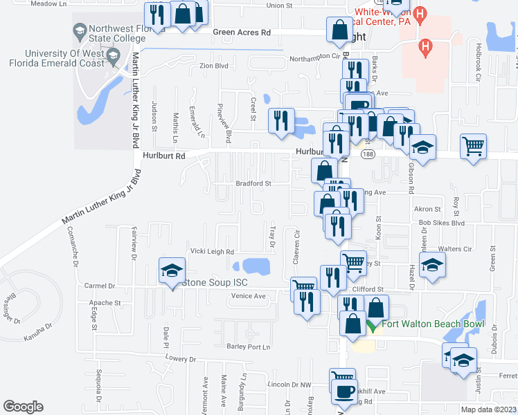 map of restaurants, bars, coffee shops, grocery stores, and more near 953 Southern Oaks Court in Fort Walton Beach
