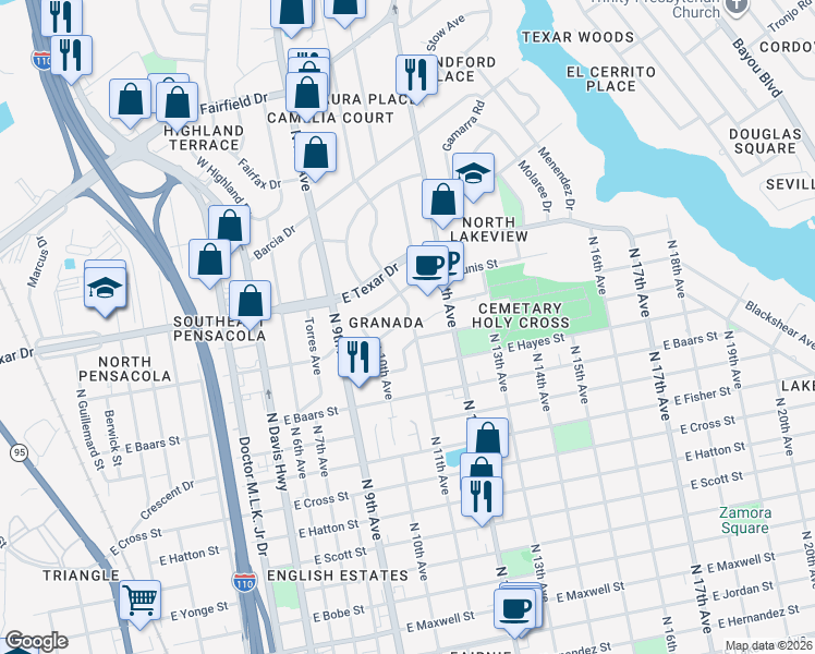 map of restaurants, bars, coffee shops, grocery stores, and more near 28 Escalona Avenue in Pensacola