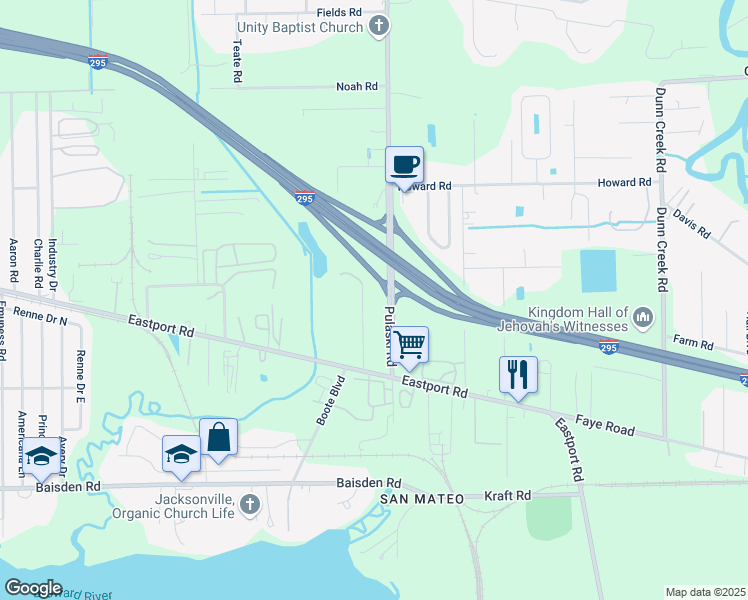 map of restaurants, bars, coffee shops, grocery stores, and more near 11721 Houle Road in Jacksonville