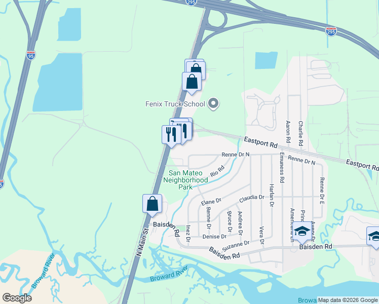 map of restaurants, bars, coffee shops, grocery stores, and more near 203 Renne Drive North in Jacksonville