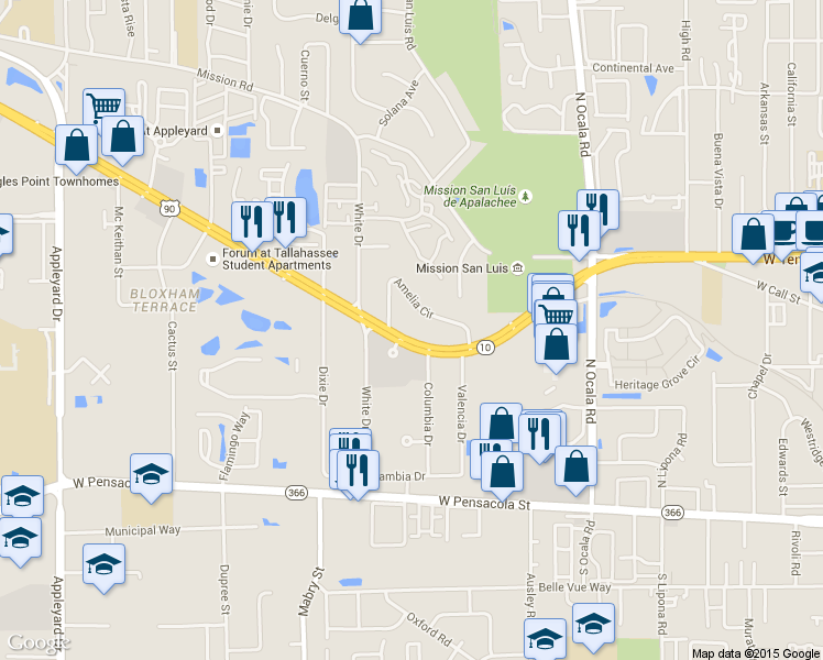 map of restaurants, bars, coffee shops, grocery stores, and more near 2305 Amelia Circle in Tallahassee
