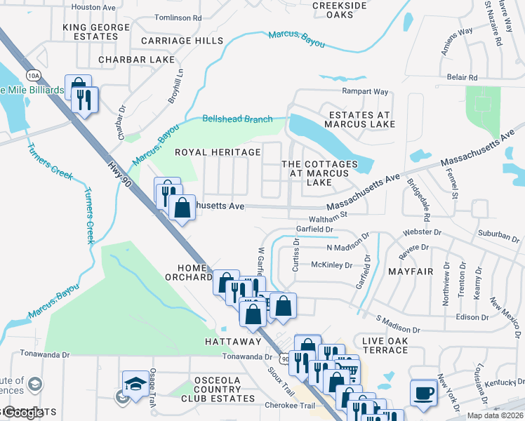 map of restaurants, bars, coffee shops, grocery stores, and more near 3236 Two Sisters Way in Pensacola