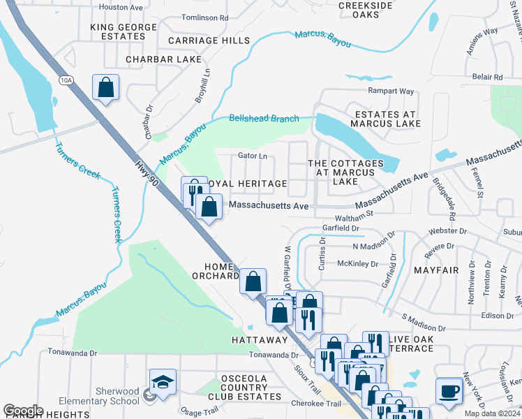 map of restaurants, bars, coffee shops, grocery stores, and more near 2451 John Paul Jones Drive in Pensacola