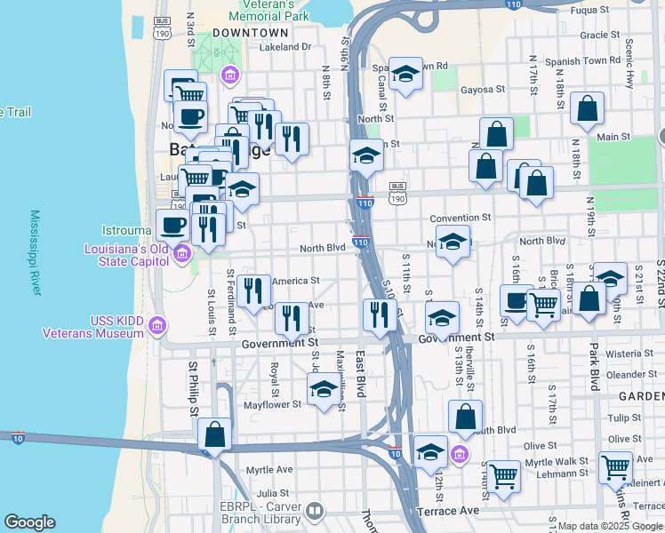 map of restaurants, bars, coffee shops, grocery stores, and more near 838 North Boulevard in Baton Rouge