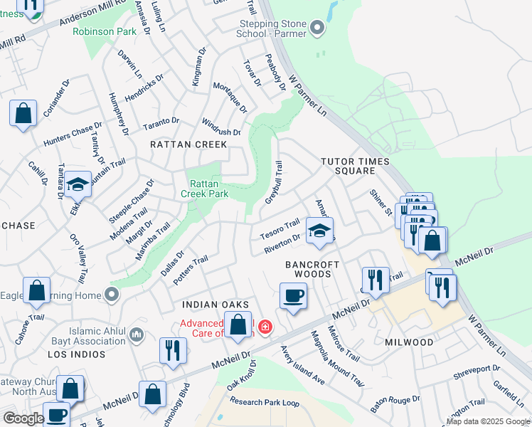 map of restaurants, bars, coffee shops, grocery stores, and more near 13110 Greybull Trail in Austin