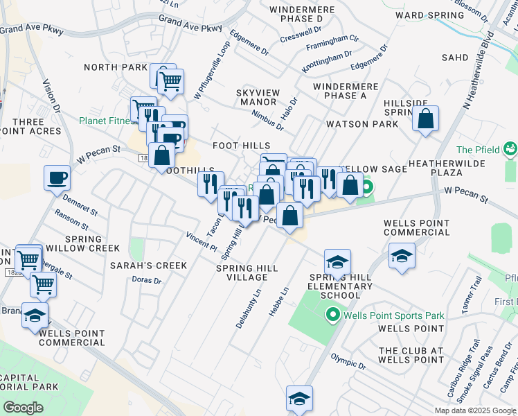 map of restaurants, bars, coffee shops, grocery stores, and more near 2200 West Pecan Street in Pflugerville