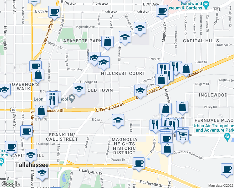 map of restaurants, bars, coffee shops, grocery stores, and more near 426 Hillcrest Street in Tallahassee