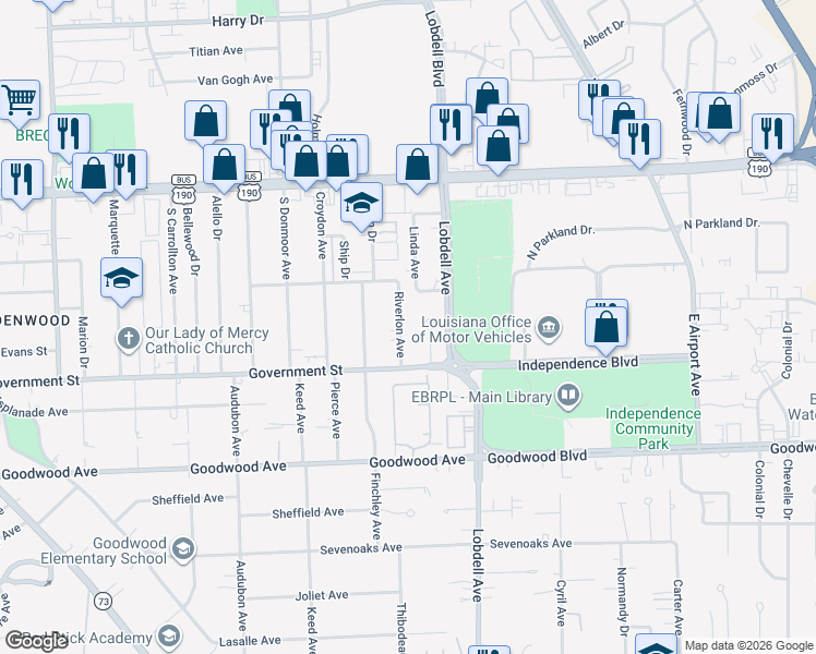 map of restaurants, bars, coffee shops, grocery stores, and more near 413 Linda Circle in Baton Rouge