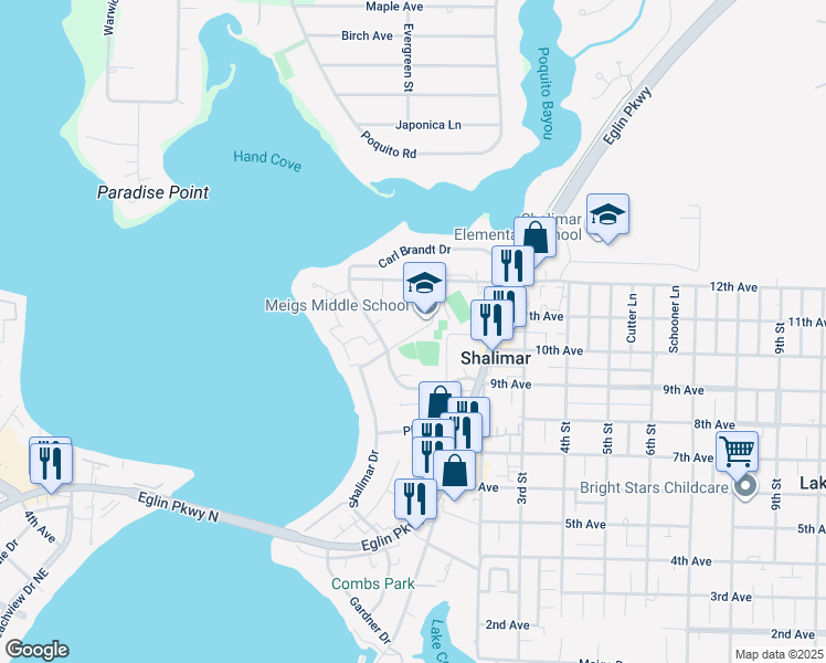 map of restaurants, bars, coffee shops, grocery stores, and more near 150 Richbourg Avenue in Shalimar