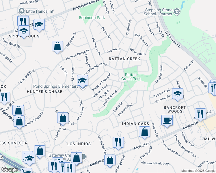 map of restaurants, bars, coffee shops, grocery stores, and more near 12913 Steeple-Chase Drive in Austin