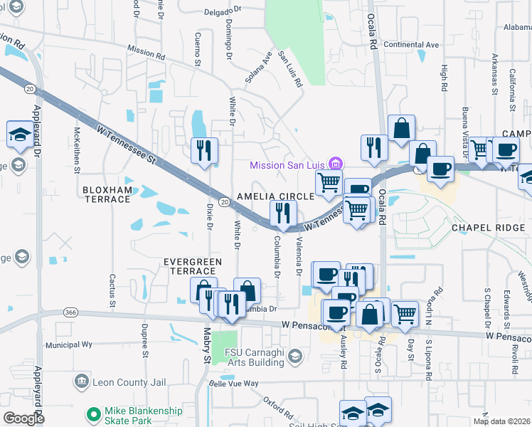 map of restaurants, bars, coffee shops, grocery stores, and more near 2305 Amelia Circle in Tallahassee
