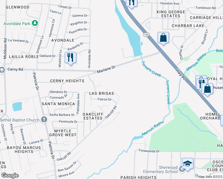 map of restaurants, bars, coffee shops, grocery stores, and more near 6500 Oakcliff Road in Pensacola