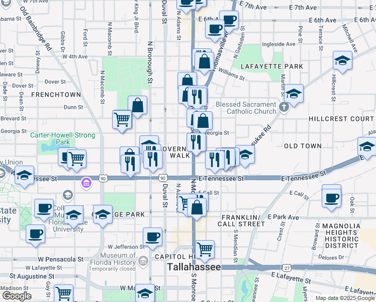map of restaurants, bars, coffee shops, grocery stores, and more near 440 North Monroe Street in Tallahassee