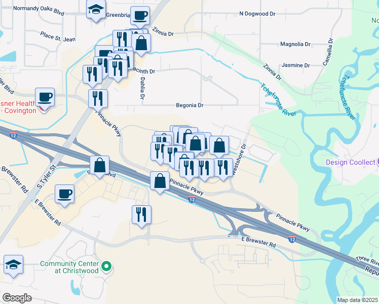map of restaurants, bars, coffee shops, grocery stores, and more near 6103 Pinnacle Parkway in Covington