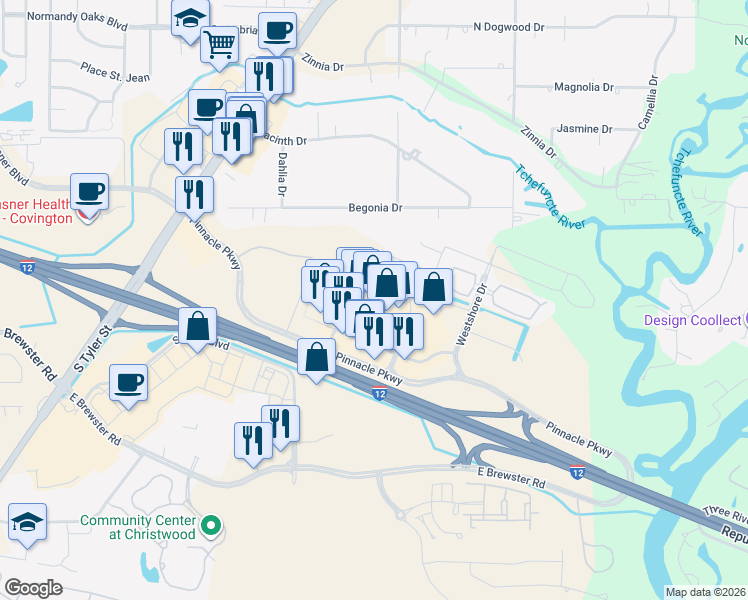 map of restaurants, bars, coffee shops, grocery stores, and more near 6103 Pinnacle Parkway in Covington