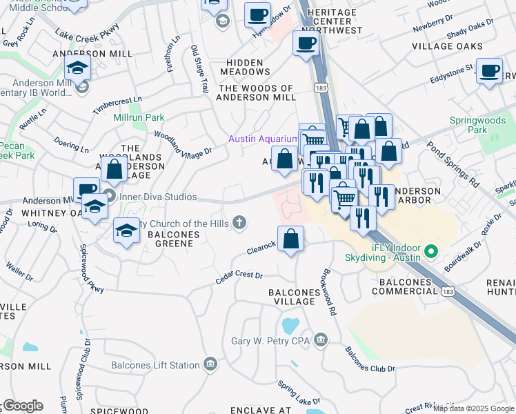 map of restaurants, bars, coffee shops, grocery stores, and more near 9805 Anderson Mill Road in Austin