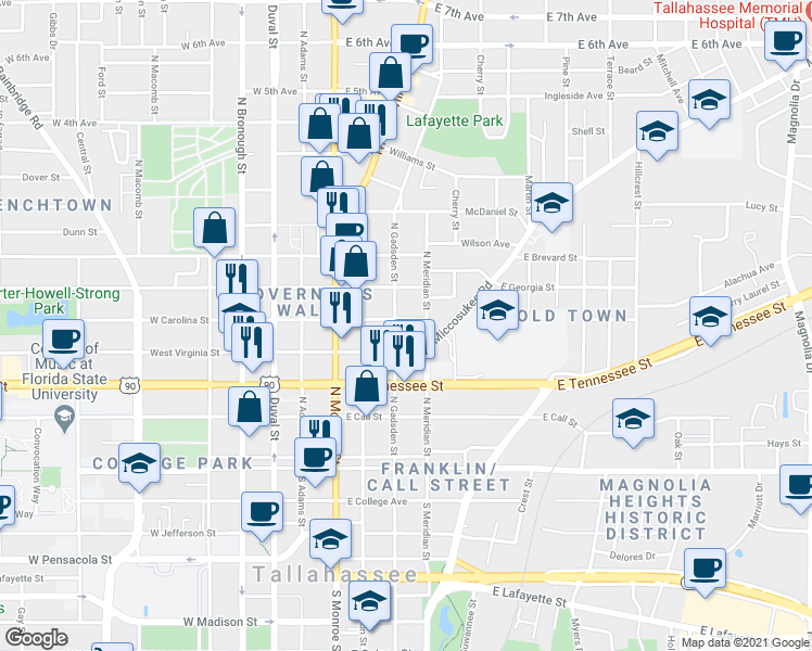 map of restaurants, bars, coffee shops, grocery stores, and more near 420 East Carolina Street in Tallahassee