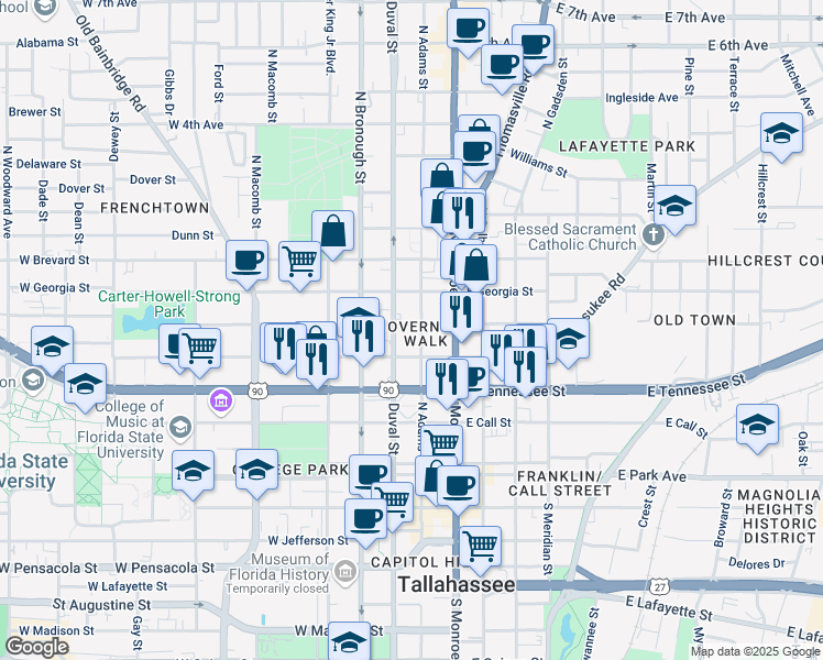 map of restaurants, bars, coffee shops, grocery stores, and more near in Tallahassee