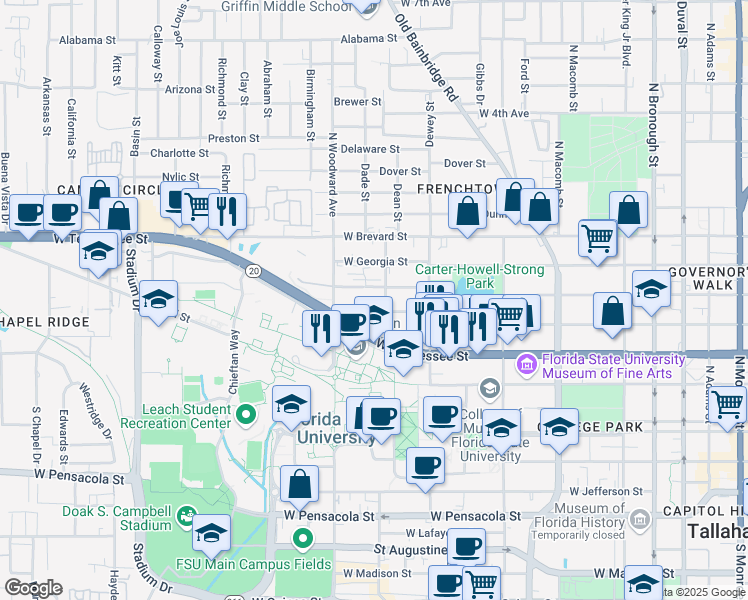 map of restaurants, bars, coffee shops, grocery stores, and more near 855 West Carolina Street in Tallahassee