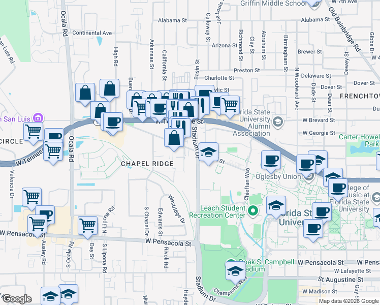 map of restaurants, bars, coffee shops, grocery stores, and more near 445 Conradi Street in Tallahassee