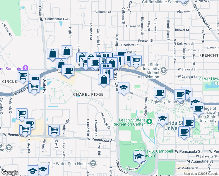 map of restaurants, bars, coffee shops, grocery stores, and more near 445 Conradi Street in Tallahassee
