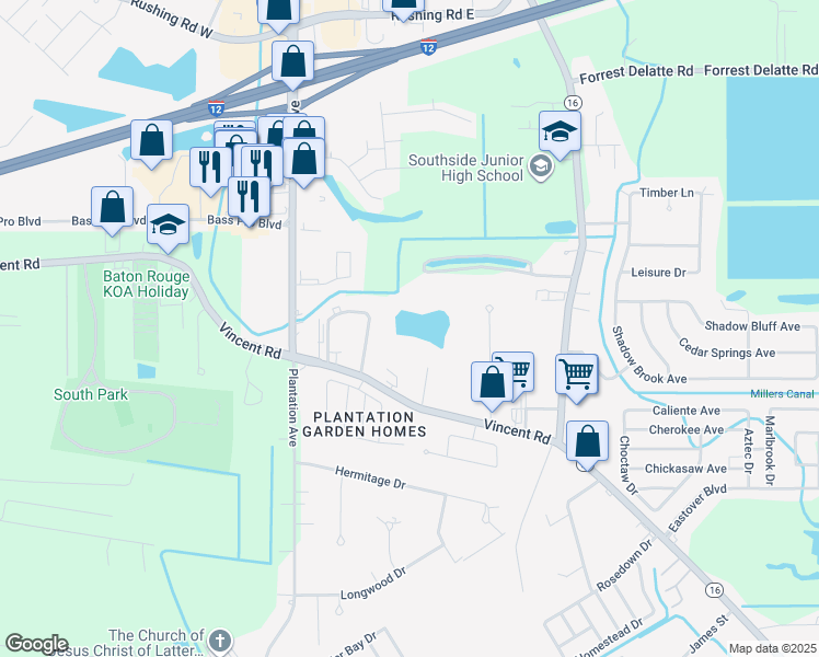 map of restaurants, bars, coffee shops, grocery stores, and more near 8275 Vincent Road in Denham Springs