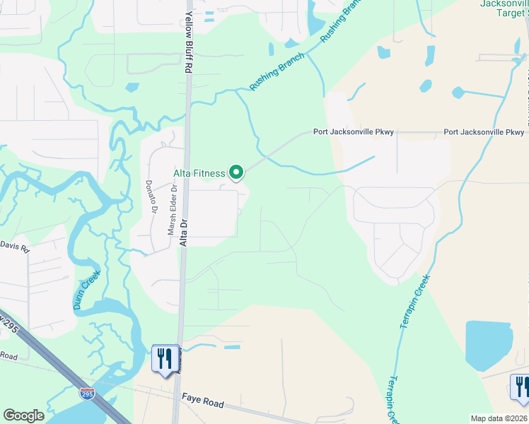 map of restaurants, bars, coffee shops, grocery stores, and more near 11681 Yellow Perch Road in Jacksonville