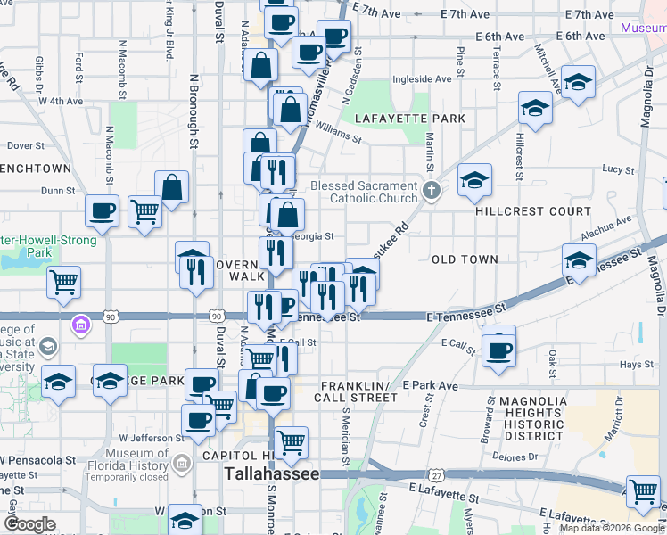 map of restaurants, bars, coffee shops, grocery stores, and more near 411 East Carolina Street in Tallahassee
