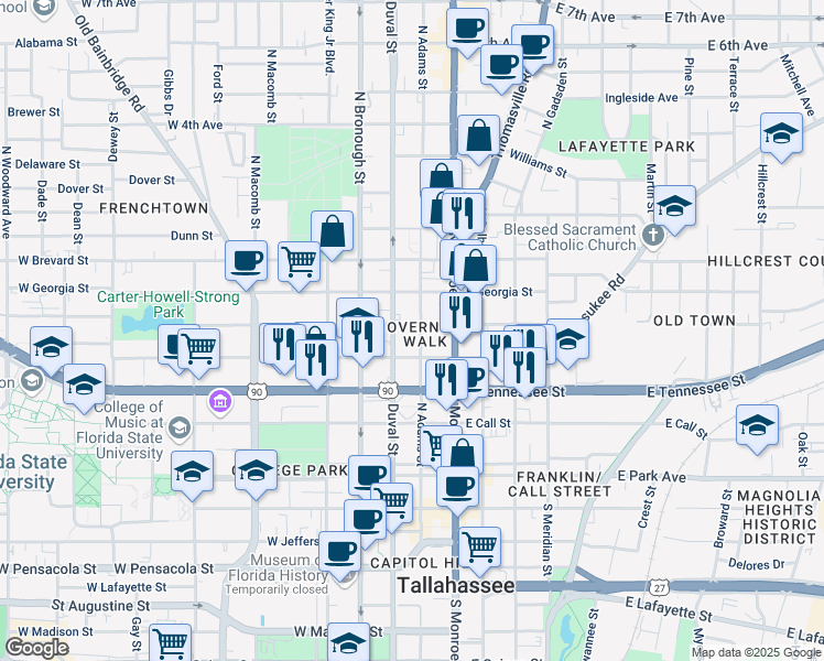 map of restaurants, bars, coffee shops, grocery stores, and more near in Tallahassee