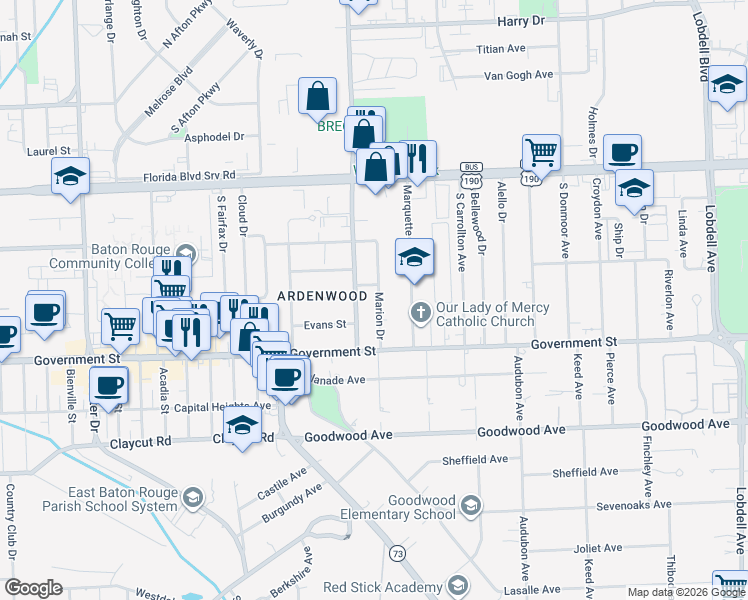 map of restaurants, bars, coffee shops, grocery stores, and more near 350 Marion Drive in Baton Rouge