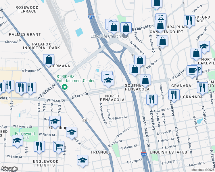 map of restaurants, bars, coffee shops, grocery stores, and more near 30 East Texar Drive in Pensacola