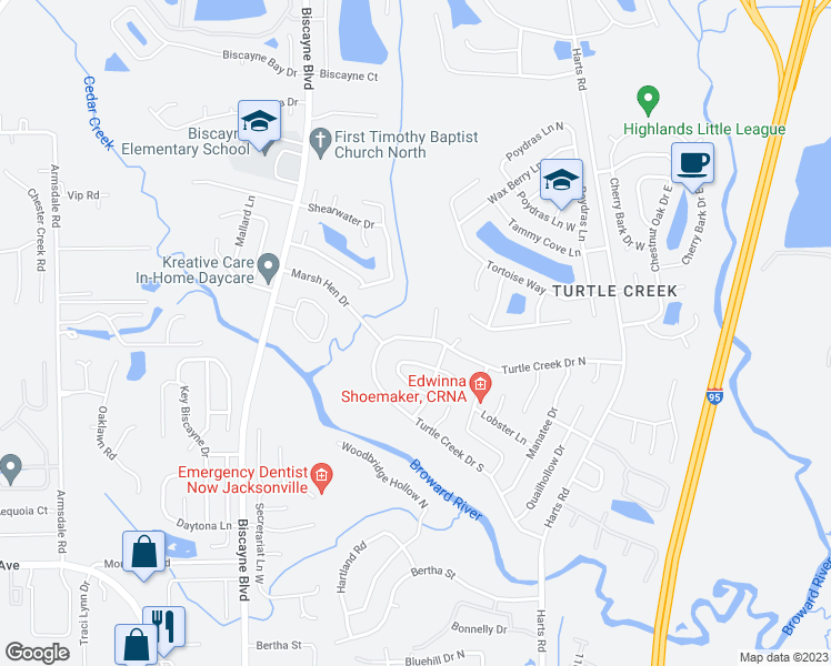 map of restaurants, bars, coffee shops, grocery stores, and more near 1239 Turtle Creek Drive North in Jacksonville